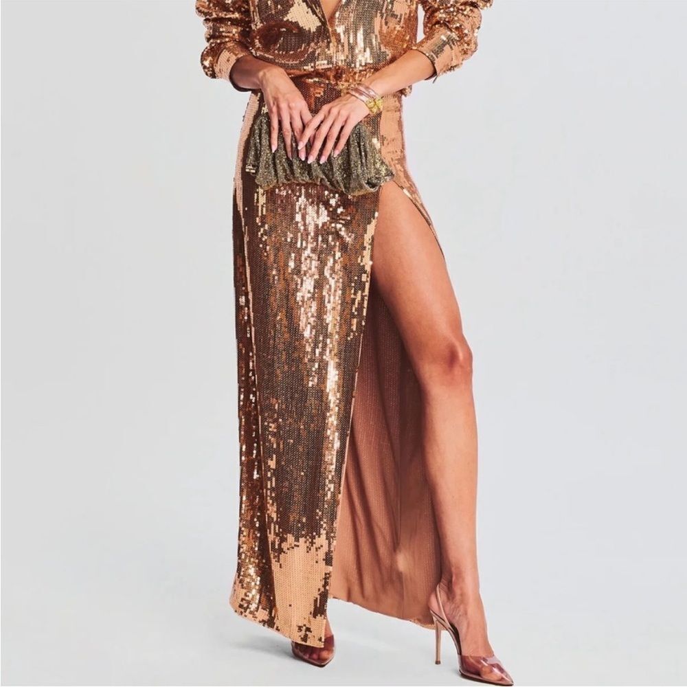 RETROFETE SAVANNAH SEQUIN MAXI SKIRT XS Nude Gold